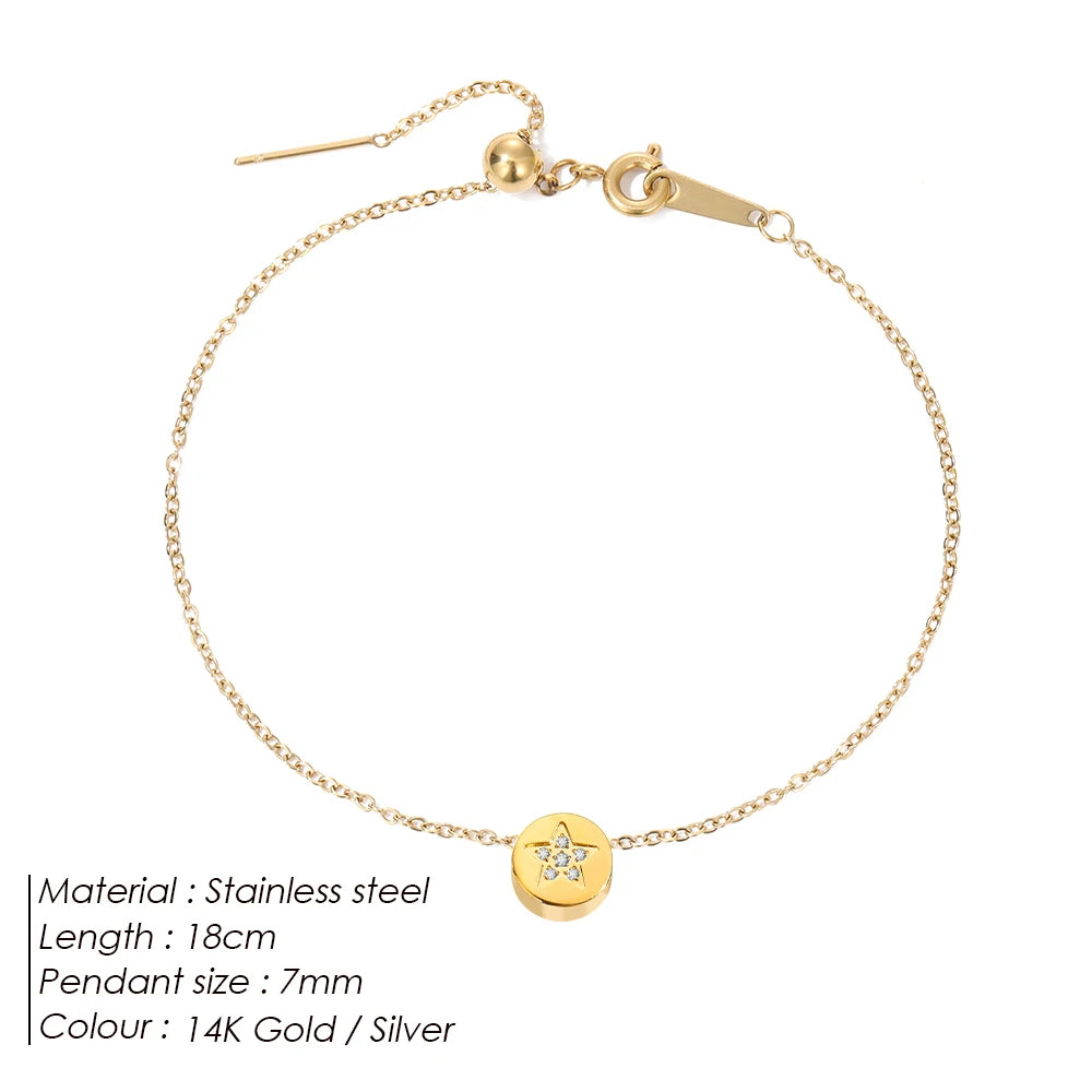 Modessie Stainless Steel Chain Bracelet – Gold or Silver Plated with Round Charm – 20 Design Options