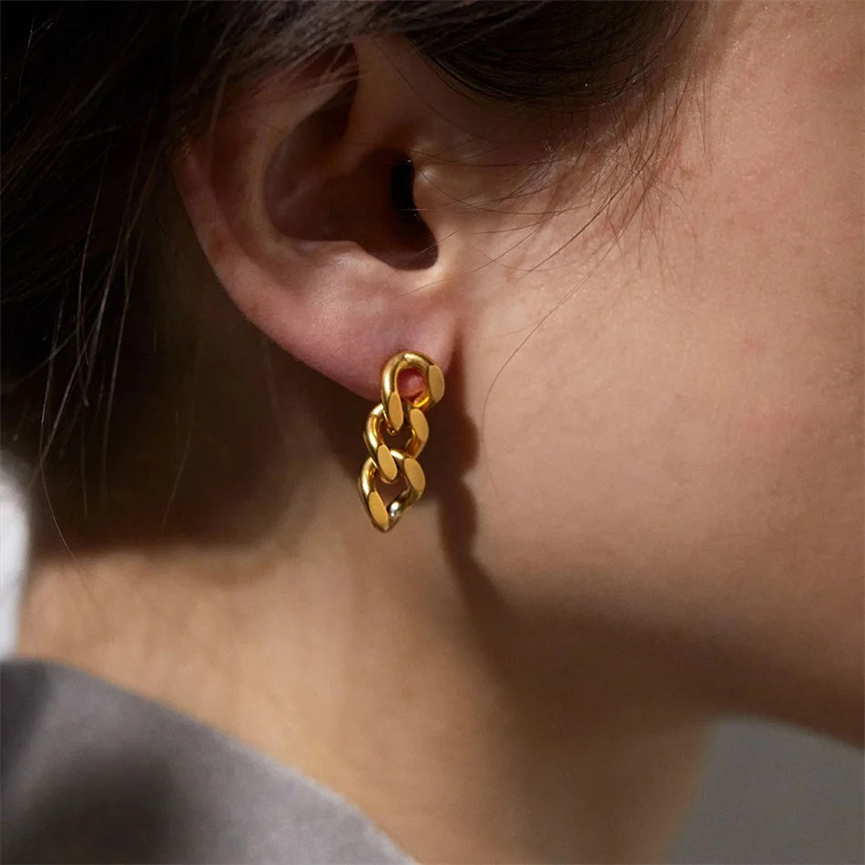 Modessie Cuban Link Chain Stud Earrings for Fashion Women Genuine Gold/Silver Plated Ring Clasp Dangle Jewelry