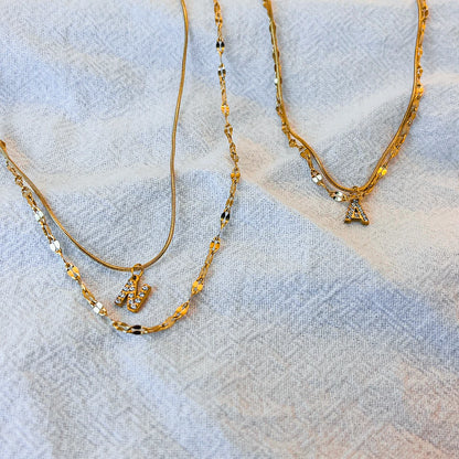 Modessie Double Stainless Steel Round Snake Chain Necklace Light Luxury Zirconia Alphabet Pendant A-Z High-end Fashion Jewelry