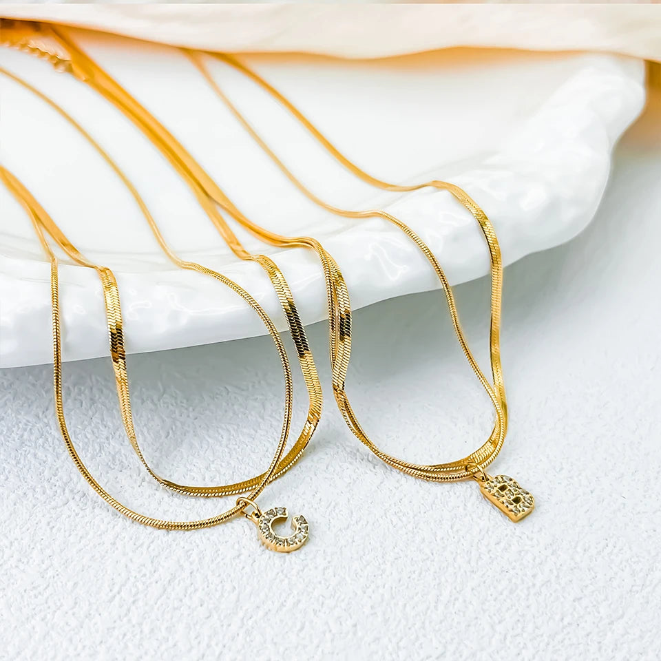 Modessie 14K Gold Plated Herringbone Snake Chain Double Zirconia Letter Pendant Necklace Stainless Steel