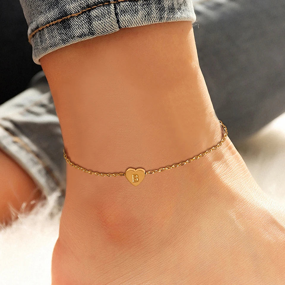 Initials Heart Anklet Stainless Steel Jewelry Name Customized Anklet  English Alphabet Birthday Gift for Men and Women