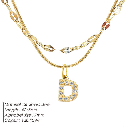 Modessie Double Stainless Steel Round Snake Chain Necklace Light Luxury Zirconia Alphabet Pendant A-Z High-end Fashion Jewelry