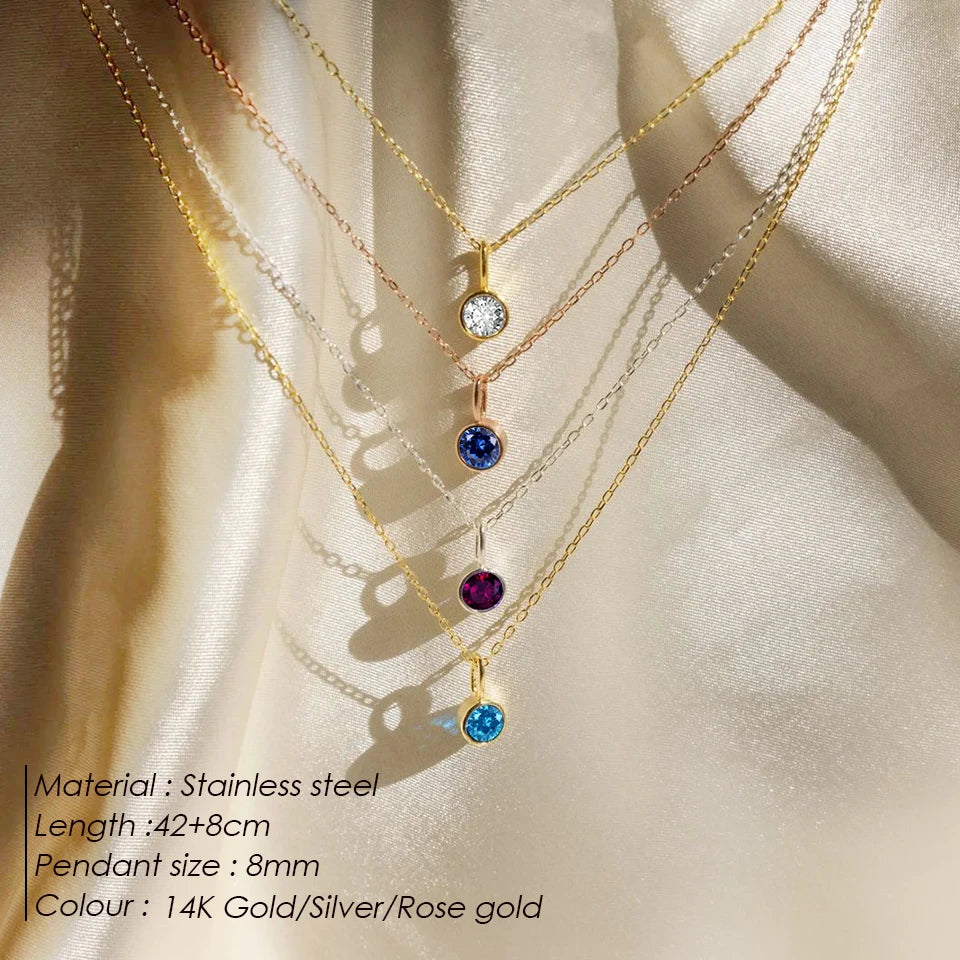 Modessie Birthstone Necklace – 12 Birth Month Colors in Zirconia –  Chain Stainless Steel Pendant Jewelry for Women