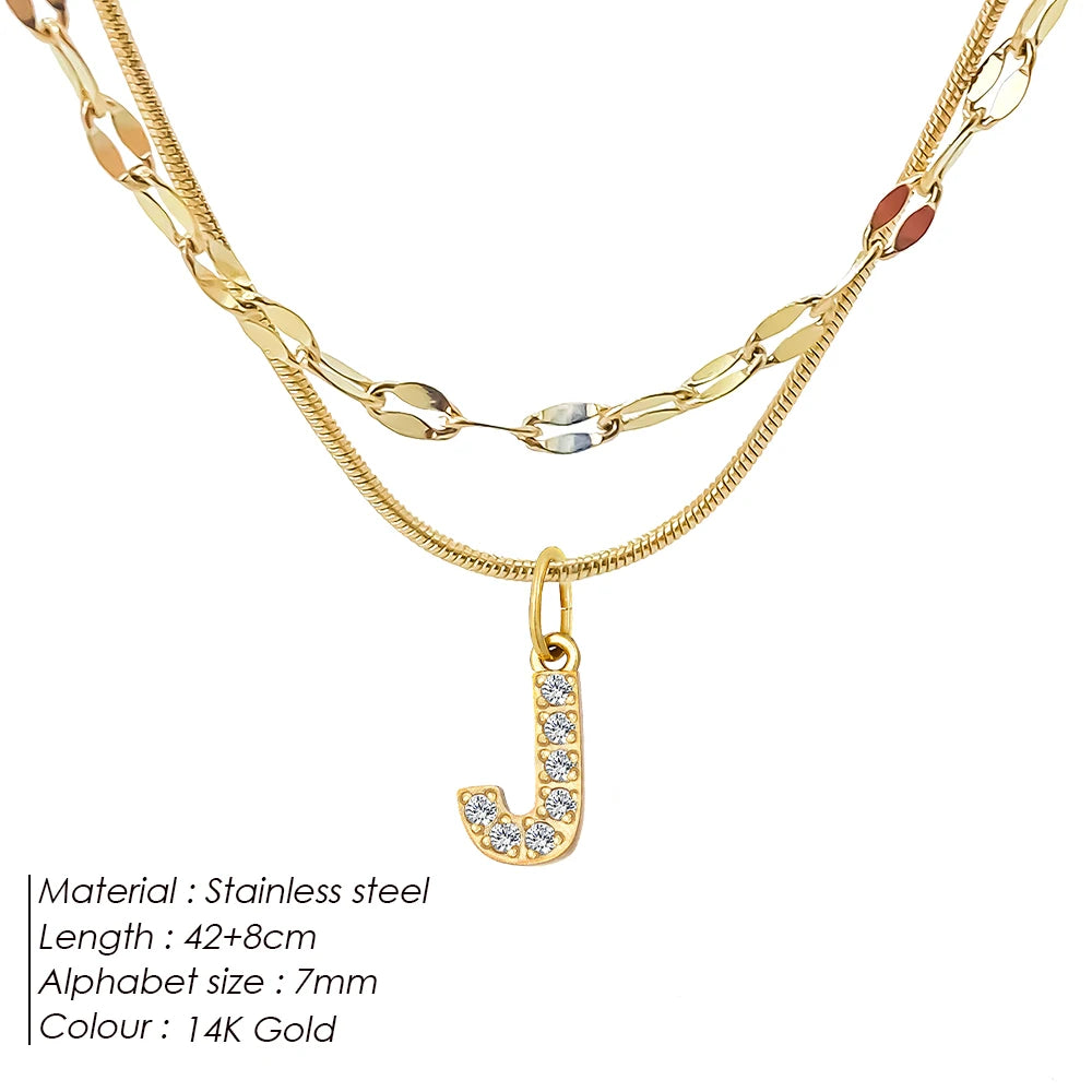 Modessie Double Stainless Steel Round Snake Chain Necklace Light Luxury Zirconia Alphabet Pendant A-Z High-end Fashion Jewelry