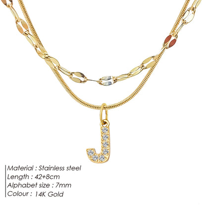 Modessie Double Stainless Steel Round Snake Chain Necklace Light Luxury Zirconia Alphabet Pendant A-Z High-end Fashion Jewelry
