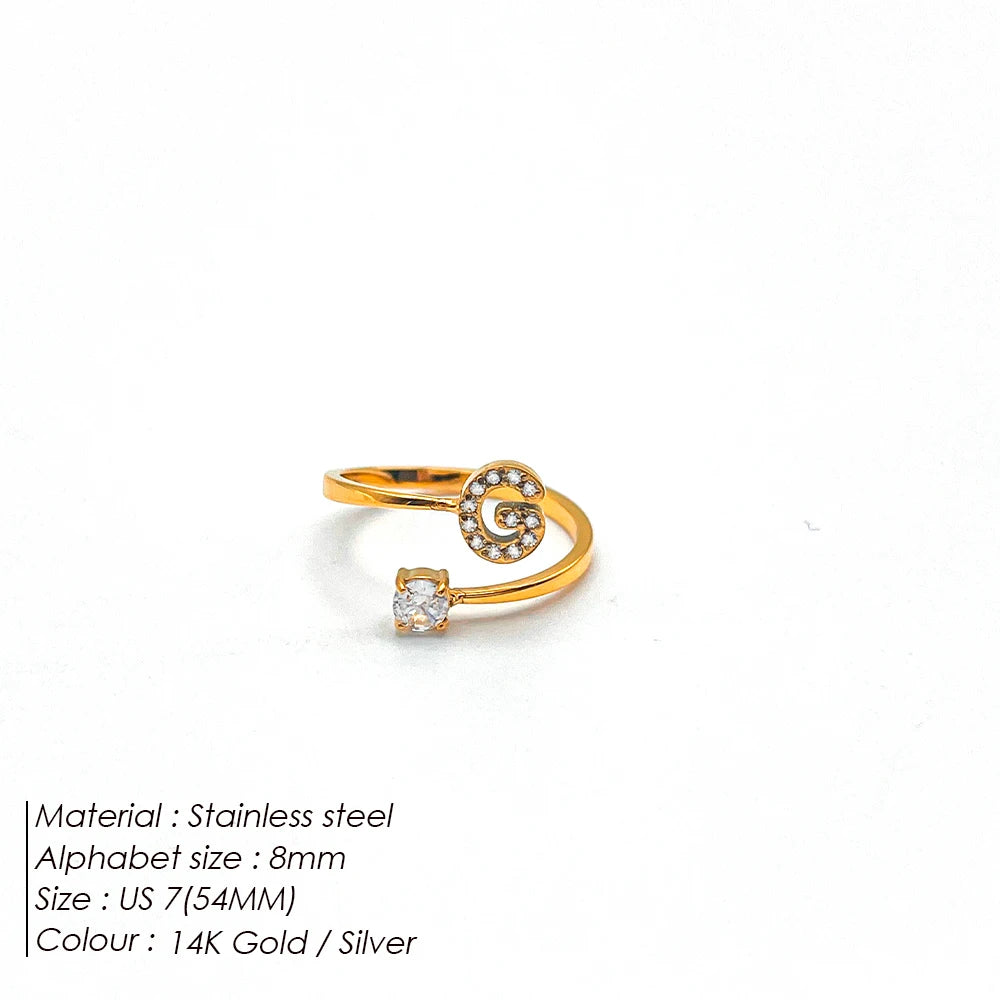 Modessie Classic Fashion Jewelry A-Z 26 Letters Ring Simple Stainless Steel Shiny Zirconia