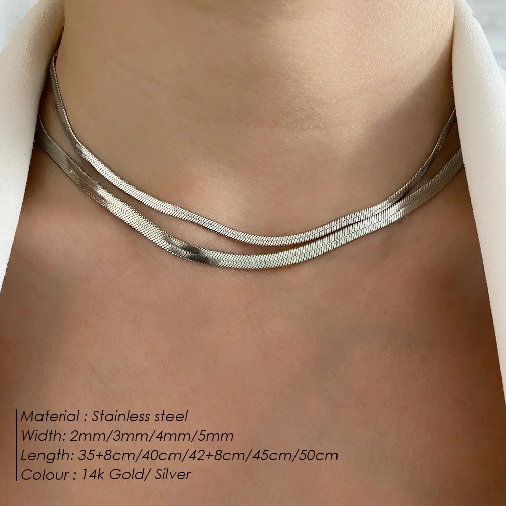 Modessie Unisex Snake Chain Necklace Silver Color Choker Stainless Steel Herringbone Chain Necklace For Women