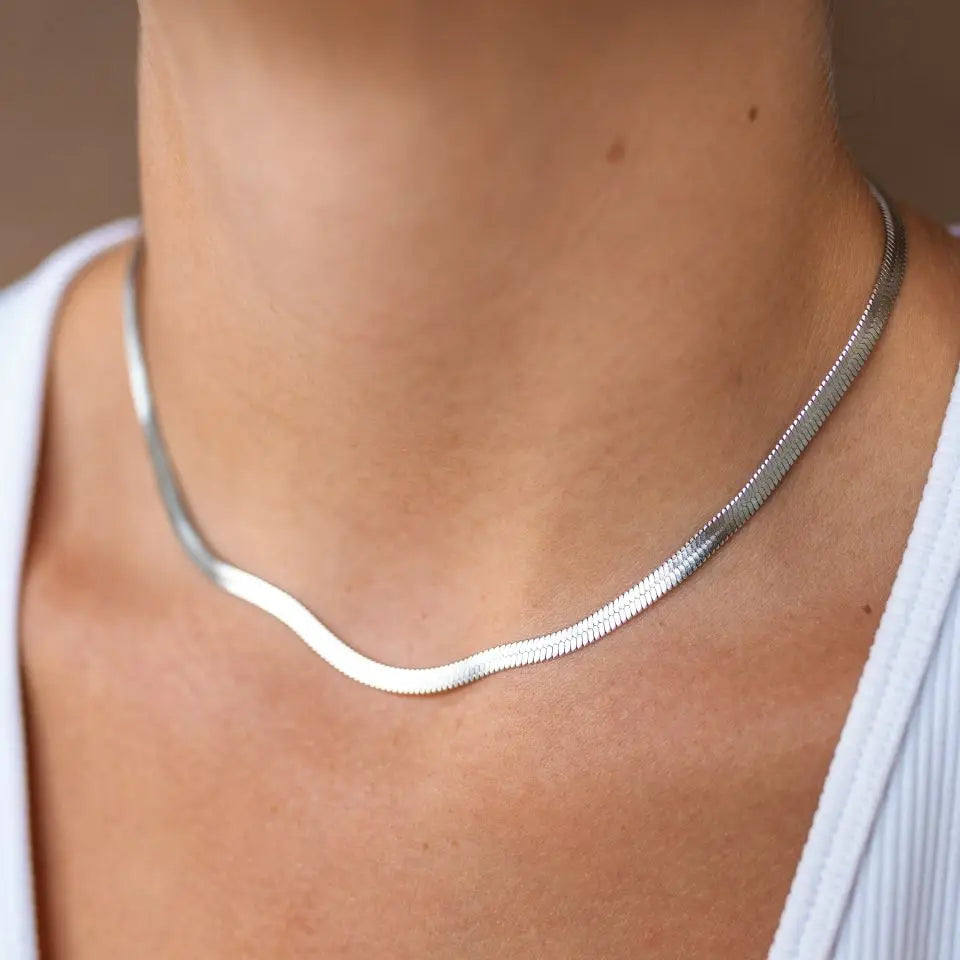 Modessie Unisex Snake Chain Necklace Silver Color Choker Stainless Steel Herringbone Chain Necklace For Women