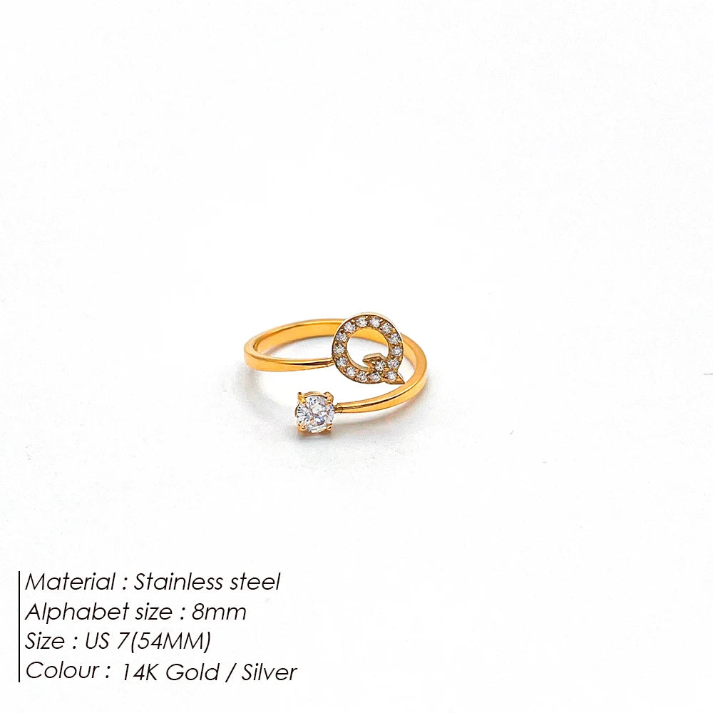 Modessie Classic Fashion Jewelry A-Z 26 Letters Ring Simple Stainless Steel Shiny Zirconia