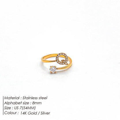 Modessie Classic Fashion Jewelry A-Z 26 Letters Ring Simple Stainless Steel Shiny Zirconia