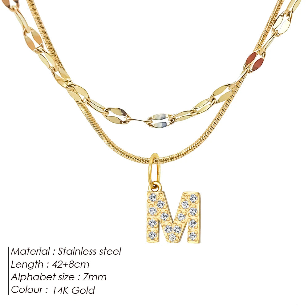Modessie Double Stainless Steel Round Snake Chain Necklace Light Luxury Zirconia Alphabet Pendant A-Z High-end Fashion Jewelry
