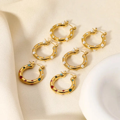 Modessie New Stainless Steel High Grade Rhinestone Earrings Vintage Faux Pearls Women's Hoop Jewelry