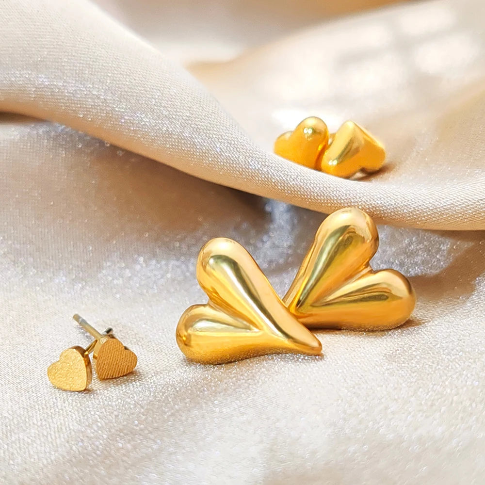 Modessie Golden Heart Earrings Set Stainless Steel Stud Piercing Earrings  Minimalist Style for Women's Jewelry