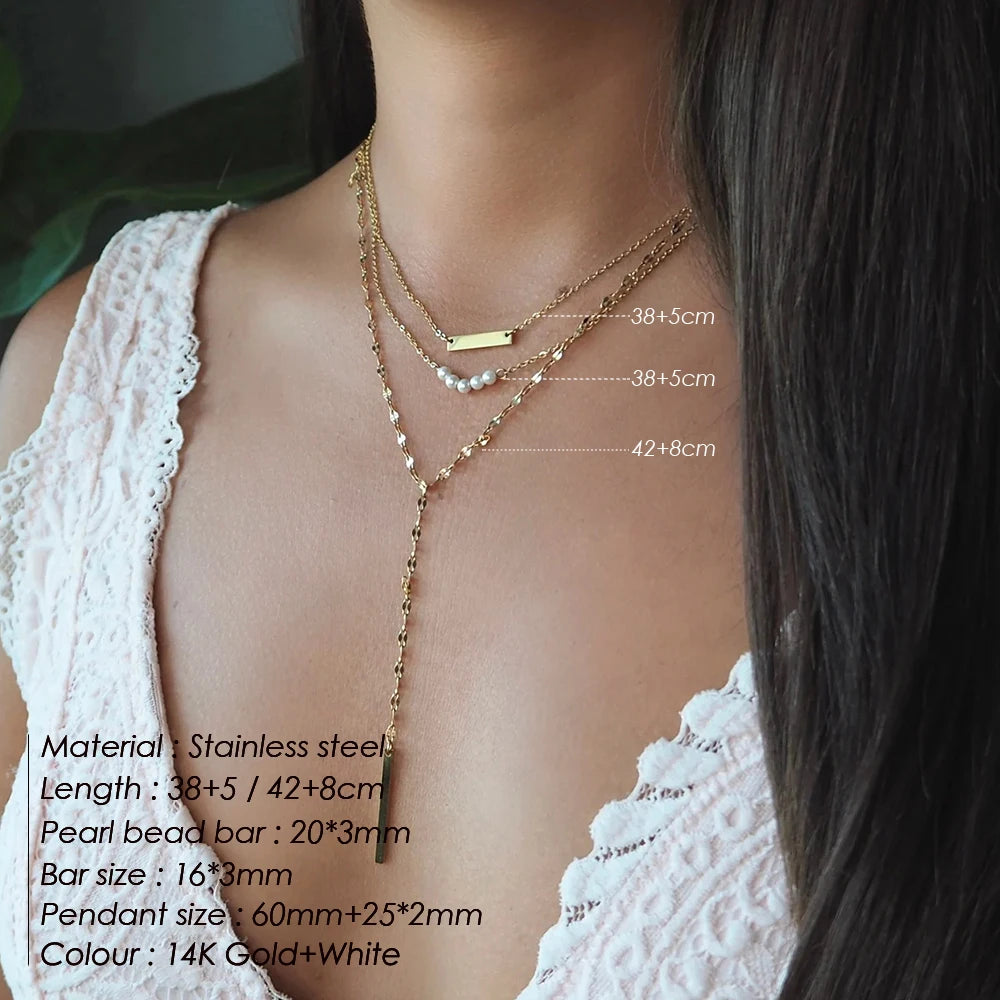 Modessie Fashion Layered Chain Necklace Gold color  Chain Imitation pearls Necklace for Women Geometric Female  Chokers Necklaces