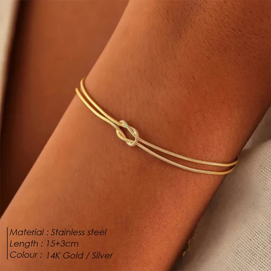 Modessie Fashion High Quality Stainless Steel Gold Plated Bracelets Classic Round Snake Chain Knotted Simple Accessories
