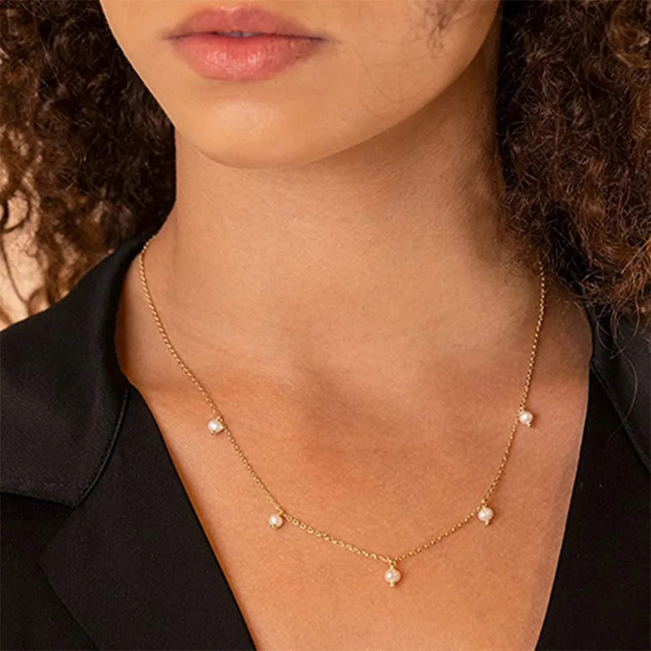 Modessie Stainless Steel  Imitation Pearl Choker Necklaces For Women Girls New Fashion Handmade Short Chain Jewelry