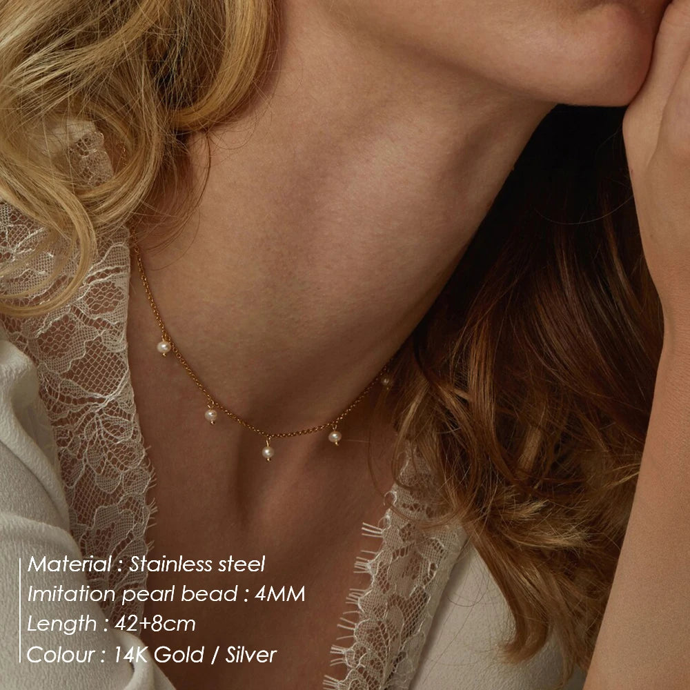 Modessie Stainless Steel  Imitation Pearl Choker Necklaces For Women Girls New Fashion Handmade Short Chain Jewelry