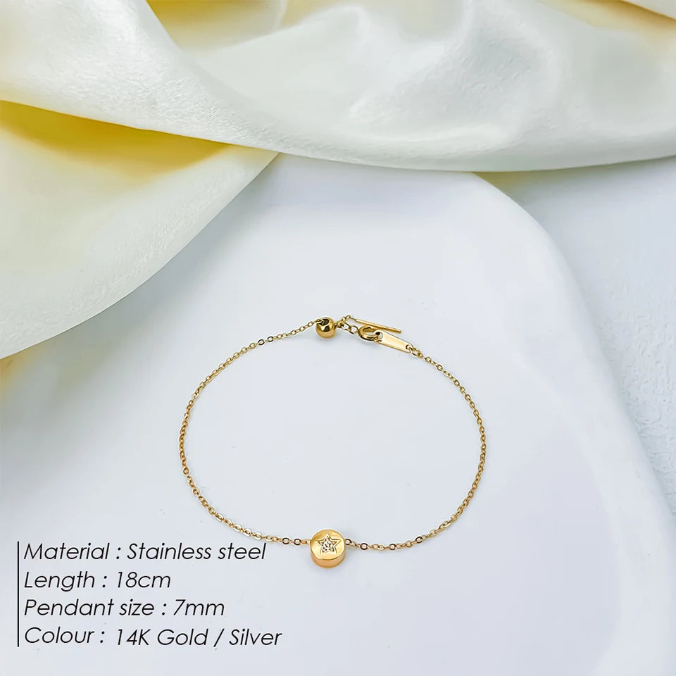 Modessie Stainless Steel Chain Bracelet – Gold or Silver Plated with Round Charm – 20 Design Options