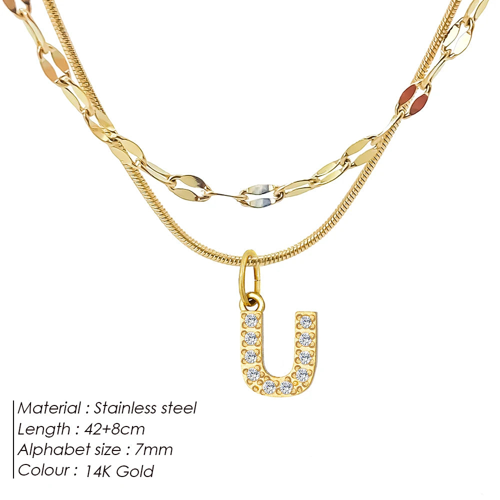 Modessie Double Stainless Steel Round Snake Chain Necklace Light Luxury Zirconia Alphabet Pendant A-Z High-end Fashion Jewelry