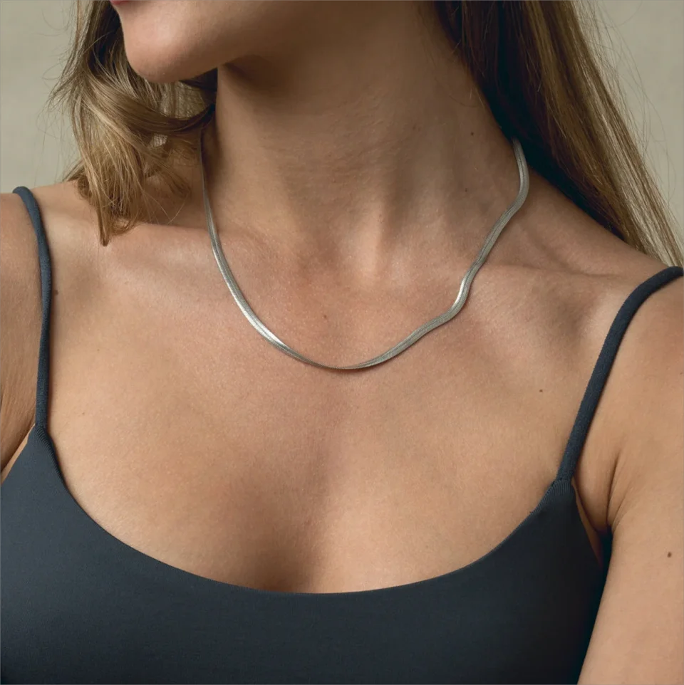 Modessie Unisex Snake Chain Necklace Silver Color Choker Stainless Steel Herringbone Chain Necklace For Women