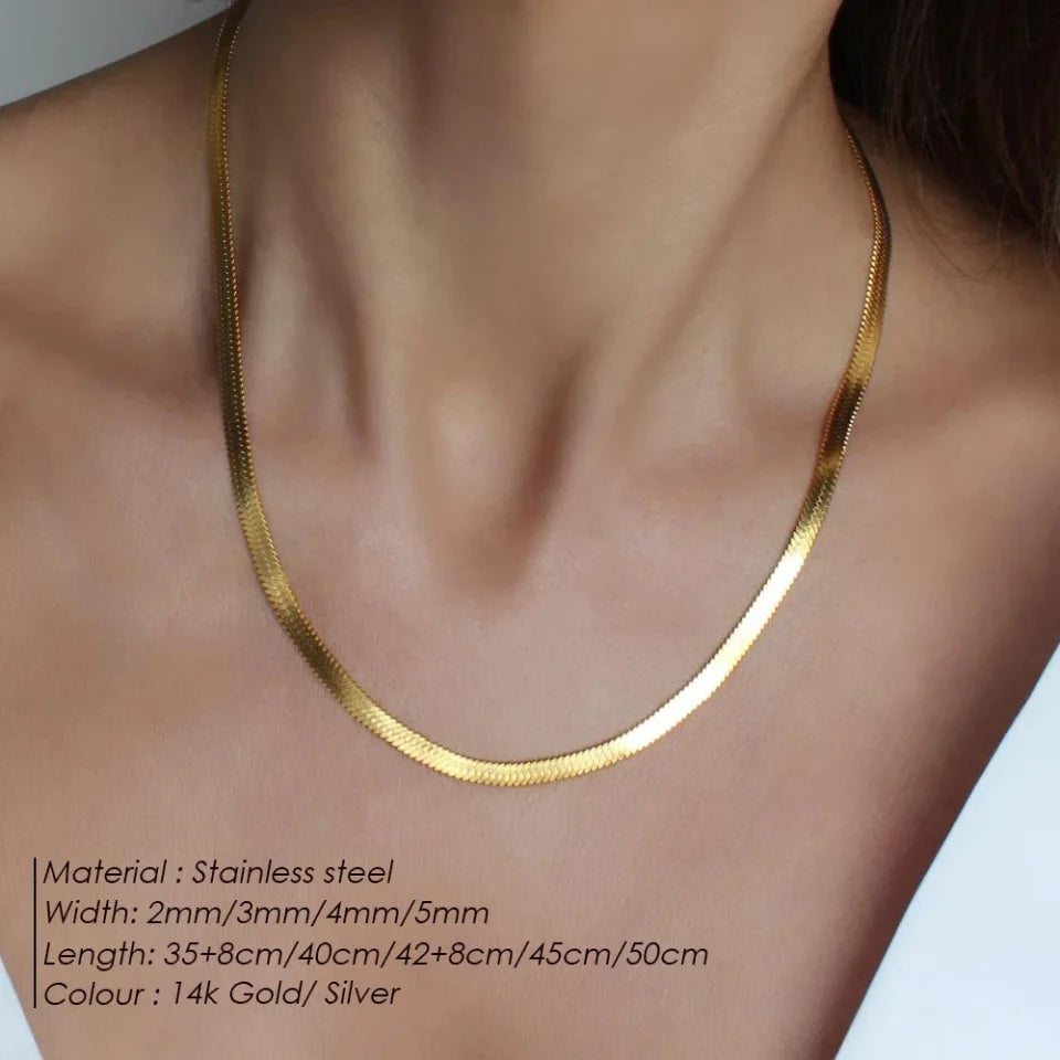 Modessie Hot Fashion Unisex Snake Chain Women Necklace Choker Stainless Steel Herringbone Gold Color Chain Necklace For Women Jewelry