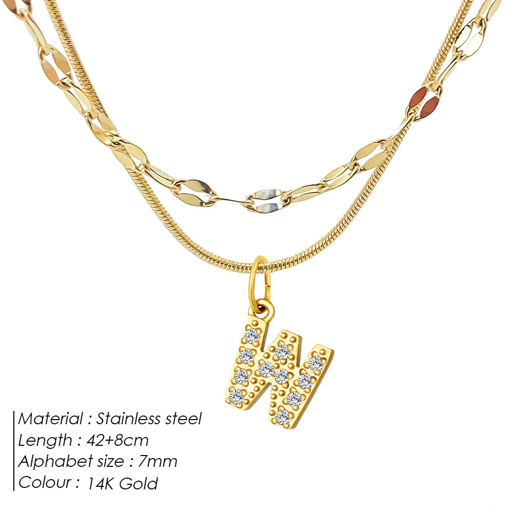 Modessie Double Stainless Steel Round Snake Chain Necklace Light Luxury Zirconia Alphabet Pendant A-Z High-end Fashion Jewelry