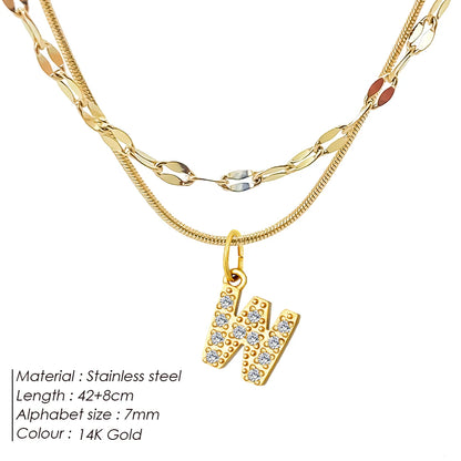 Modessie Double Stainless Steel Round Snake Chain Necklace Light Luxury Zirconia Alphabet Pendant A-Z High-end Fashion Jewelry