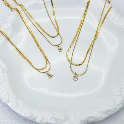 Modessie 14K Gold Plated Herringbone Snake Chain Double Zirconia Letter Pendant Necklace Stainless Steel