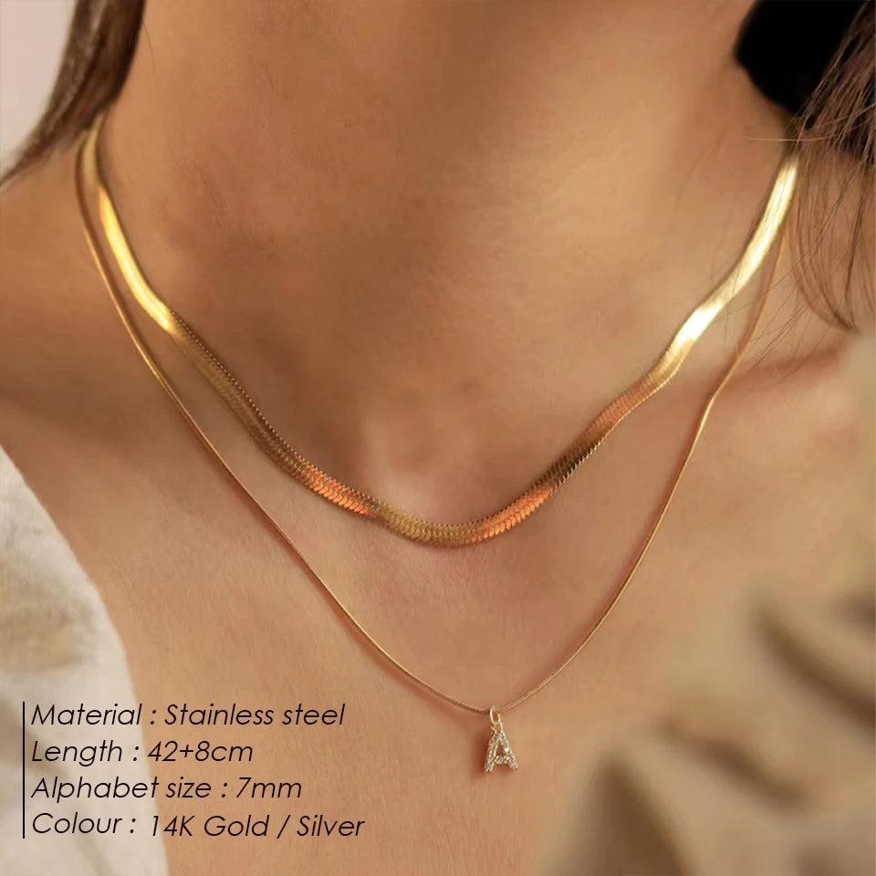 Modessie 14K Gold Plated Herringbone Snake Chain Double Zirconia Letter Pendant Necklace Stainless Steel