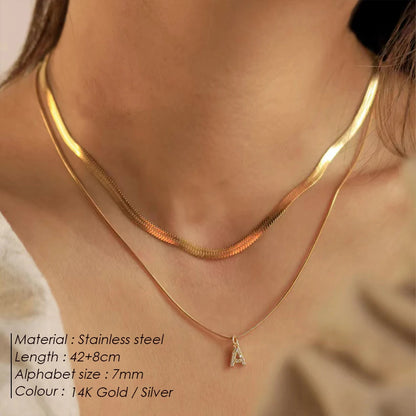 Modessie 14K Gold Plated Herringbone Snake Chain Double Zirconia Letter Pendant Necklace Stainless Steel