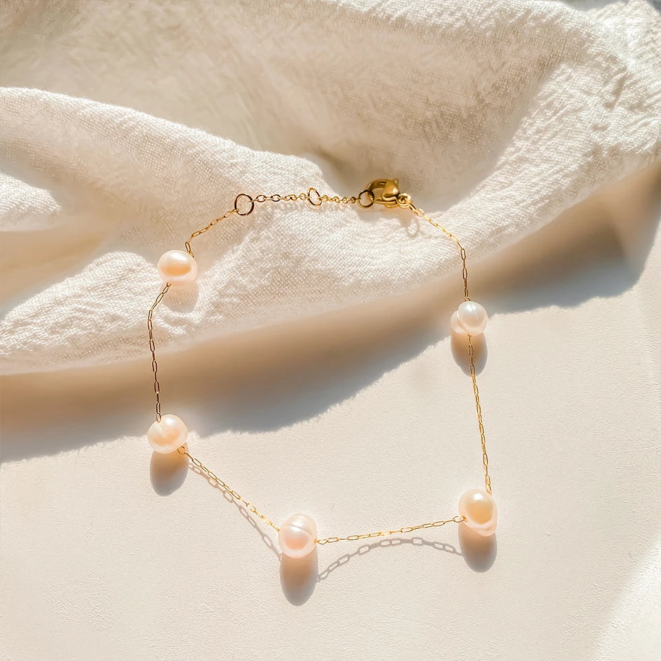 New Trend Dainty Vintage Stainless Steel Single Layer Chain Pearl Bracelet Modessie Summer Jewelry