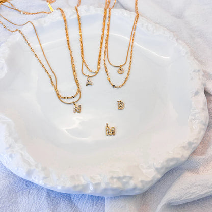 Modessie Double Stainless Steel Round Snake Chain Necklace Light Luxury Zirconia Alphabet Pendant A-Z High-end Fashion Jewelry