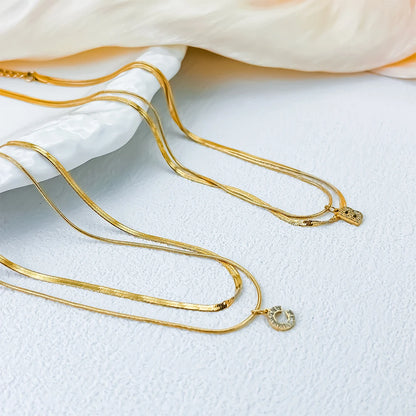 Modessie 14K Gold Plated Herringbone Snake Chain Double Zirconia Letter Pendant Necklace Stainless Steel