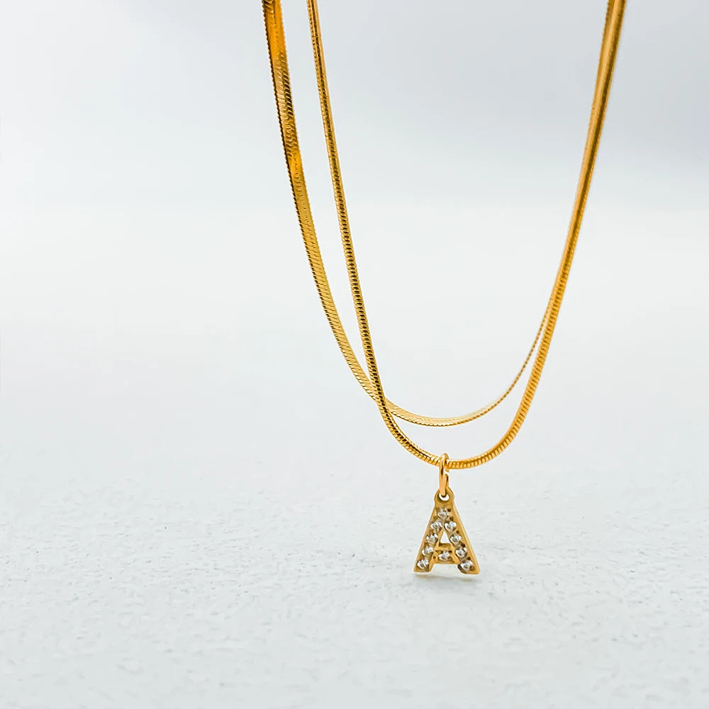 Modessie 14K Gold Plated Herringbone Snake Chain Double Zirconia Letter Pendant Necklace Stainless Steel